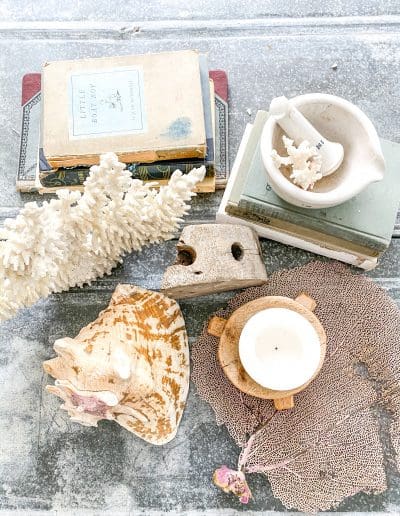 Collection of elements for coffe table decor: Mortar & Pestle, with old books, seashells & architectural salvage.