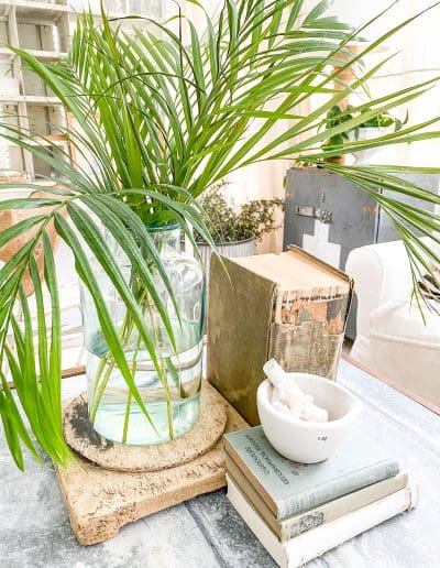 Zinc coffee table with palm frond arrangement, fronted with small book stack supporting small white mortar & pestle.