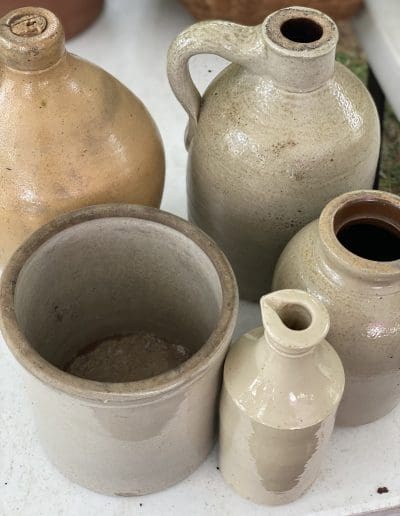 Collection of amazing old vintage, antique, neutral-colored stoneware crocks