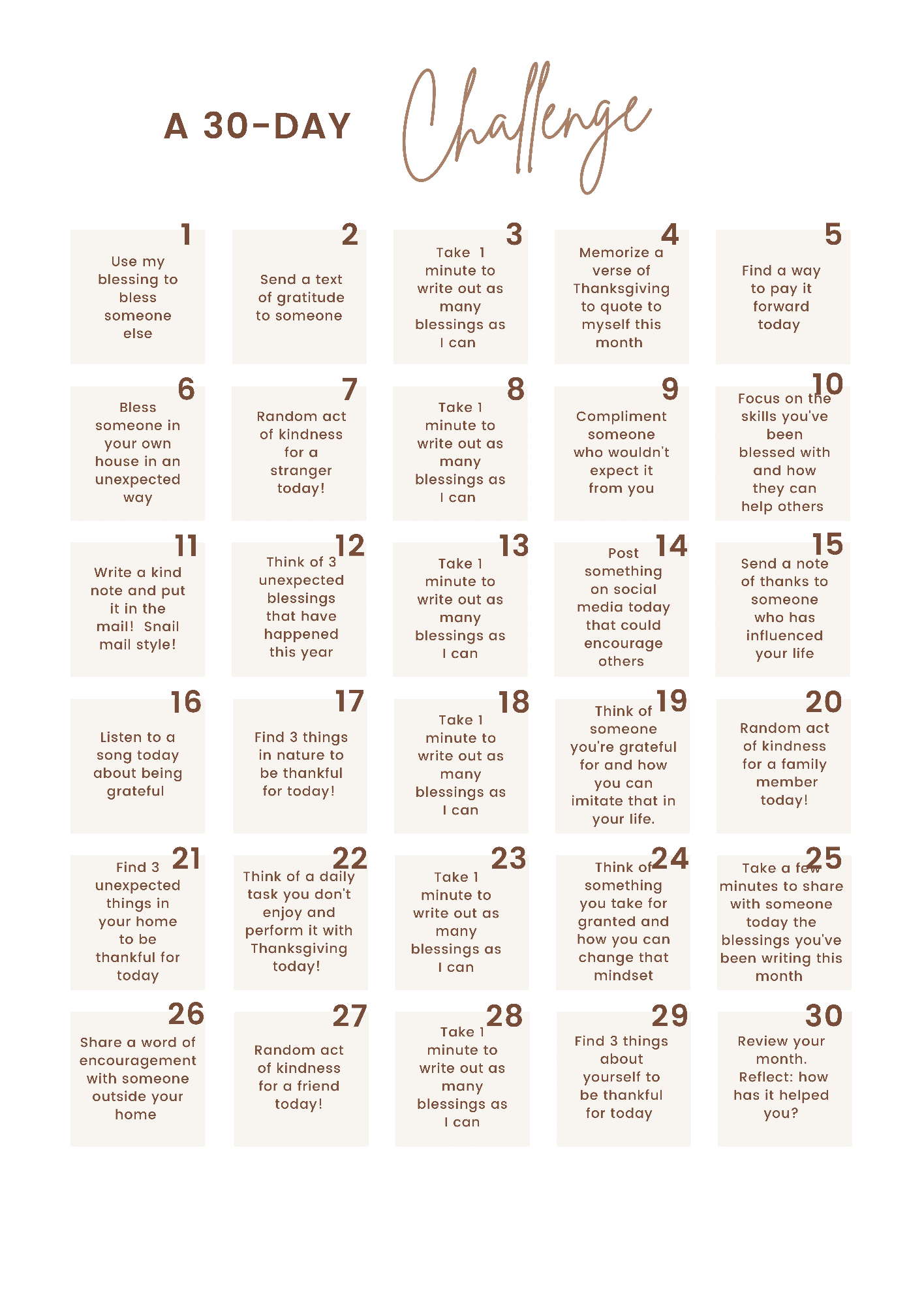 layout of 30 daily challenges for the month of November