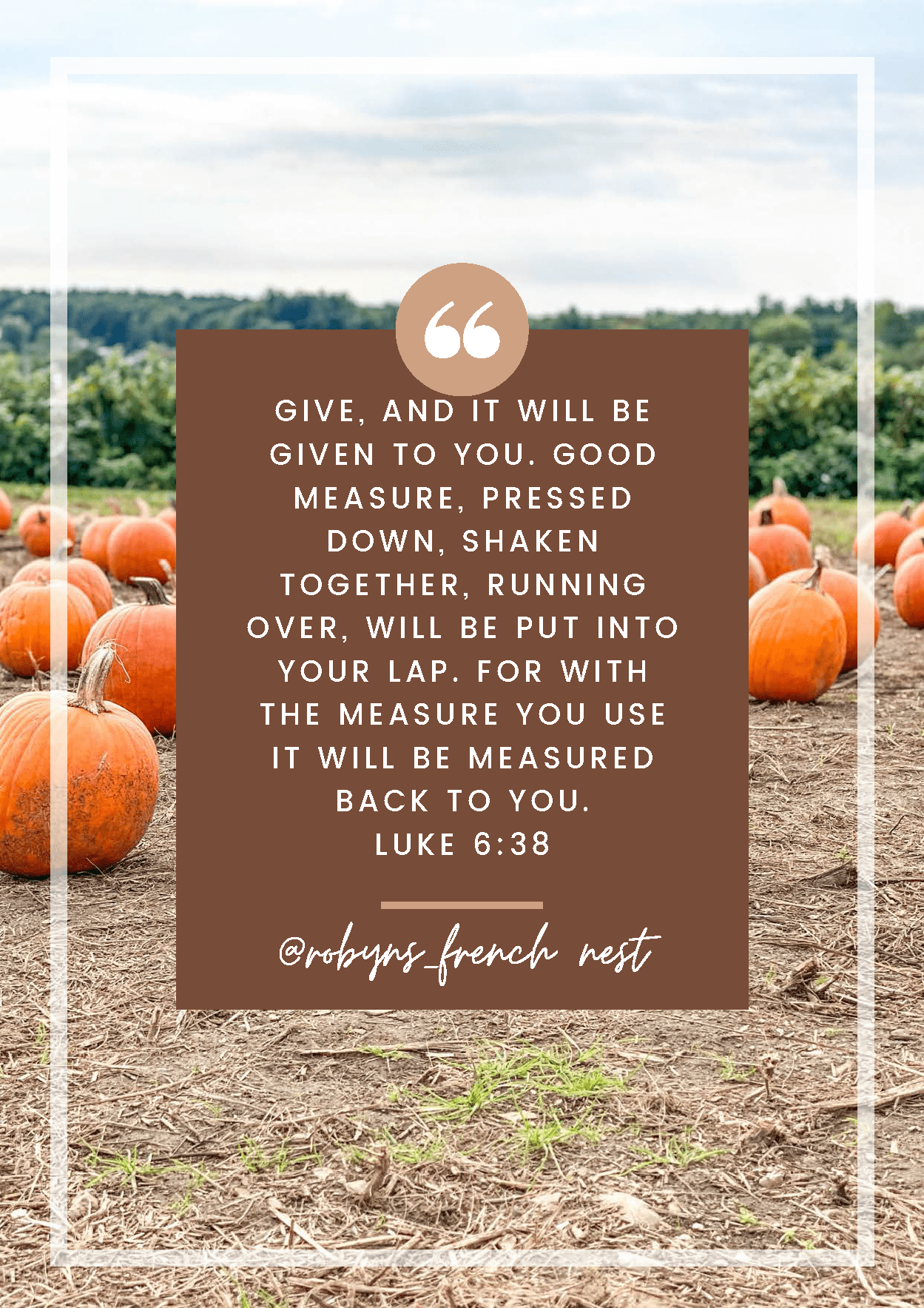 Image of a pumpkin patch overlaid with a Bible verse about generosity