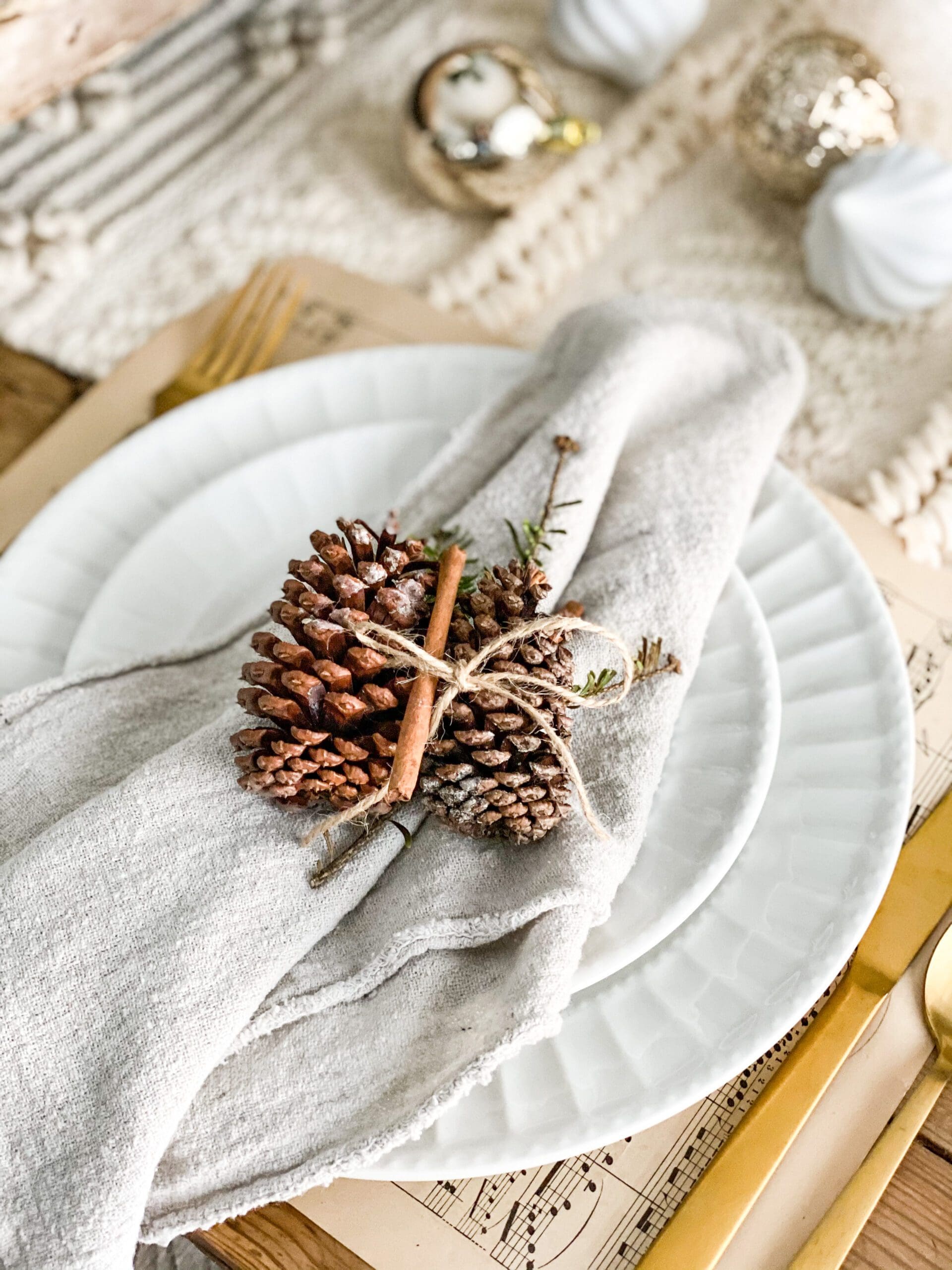 pine cone tied around a napkin with twine as a napkin ring