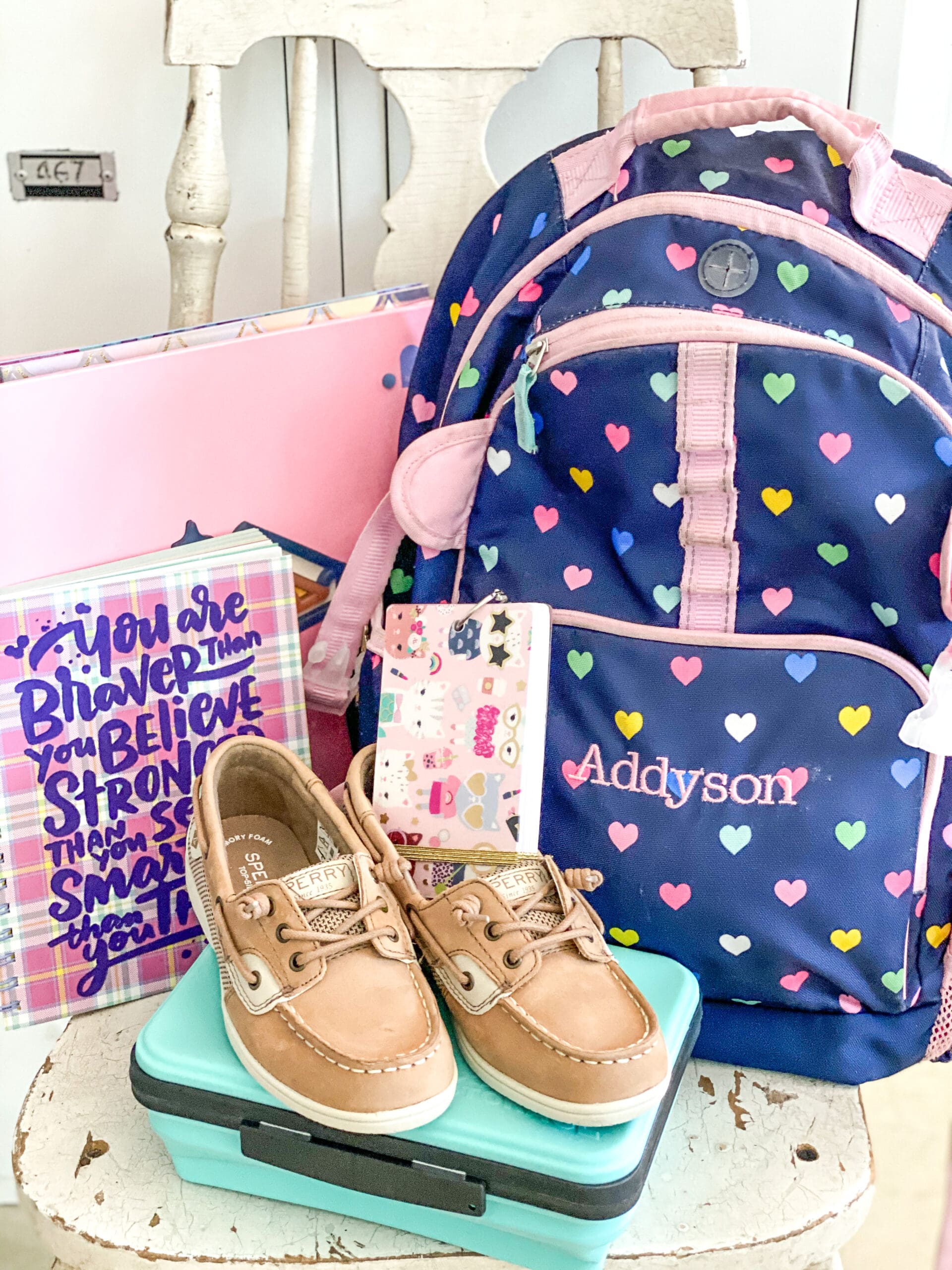 Addy's monogrammed backpack with notebook, shoes & pencil case