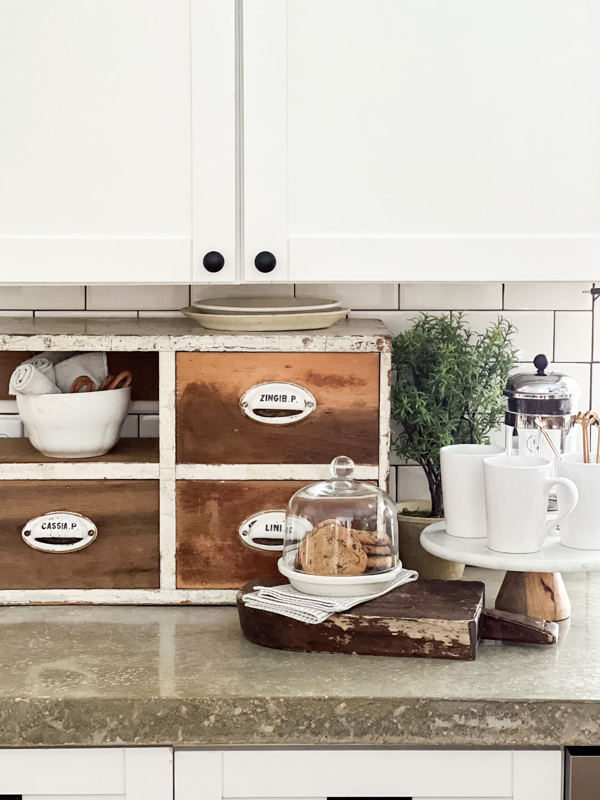 Coffee bar set on concrete countertops with vintage drawers in background.