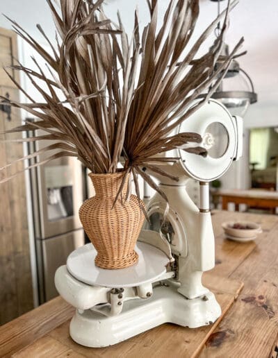 dried palm frond stems in a wicker vase on top of a large white scale