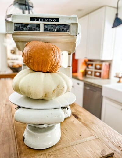 white pumpkin and terracotta-colored pumpkin stacked on top of a white vintage scale