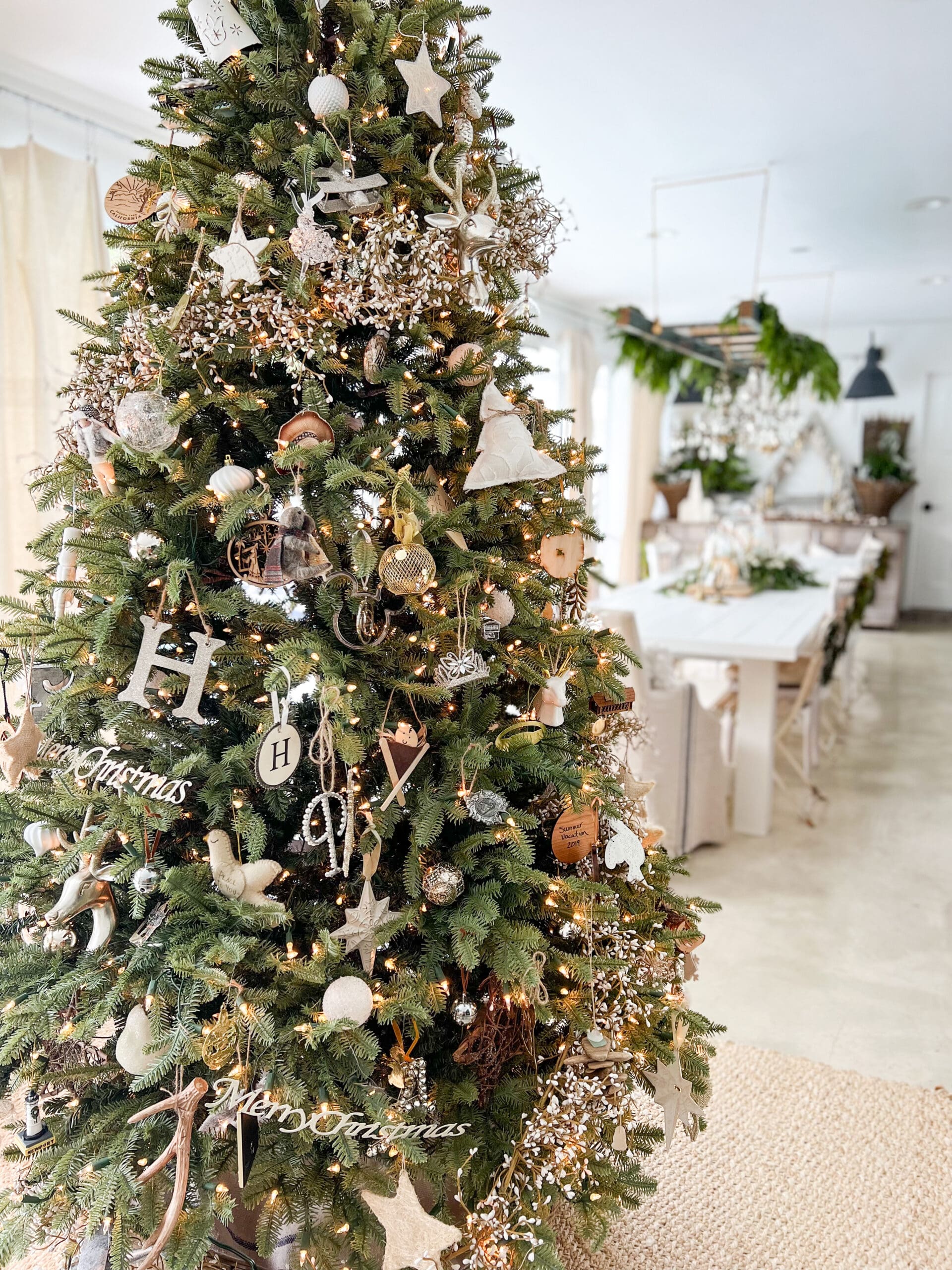 large Christmas tree with various ornaments