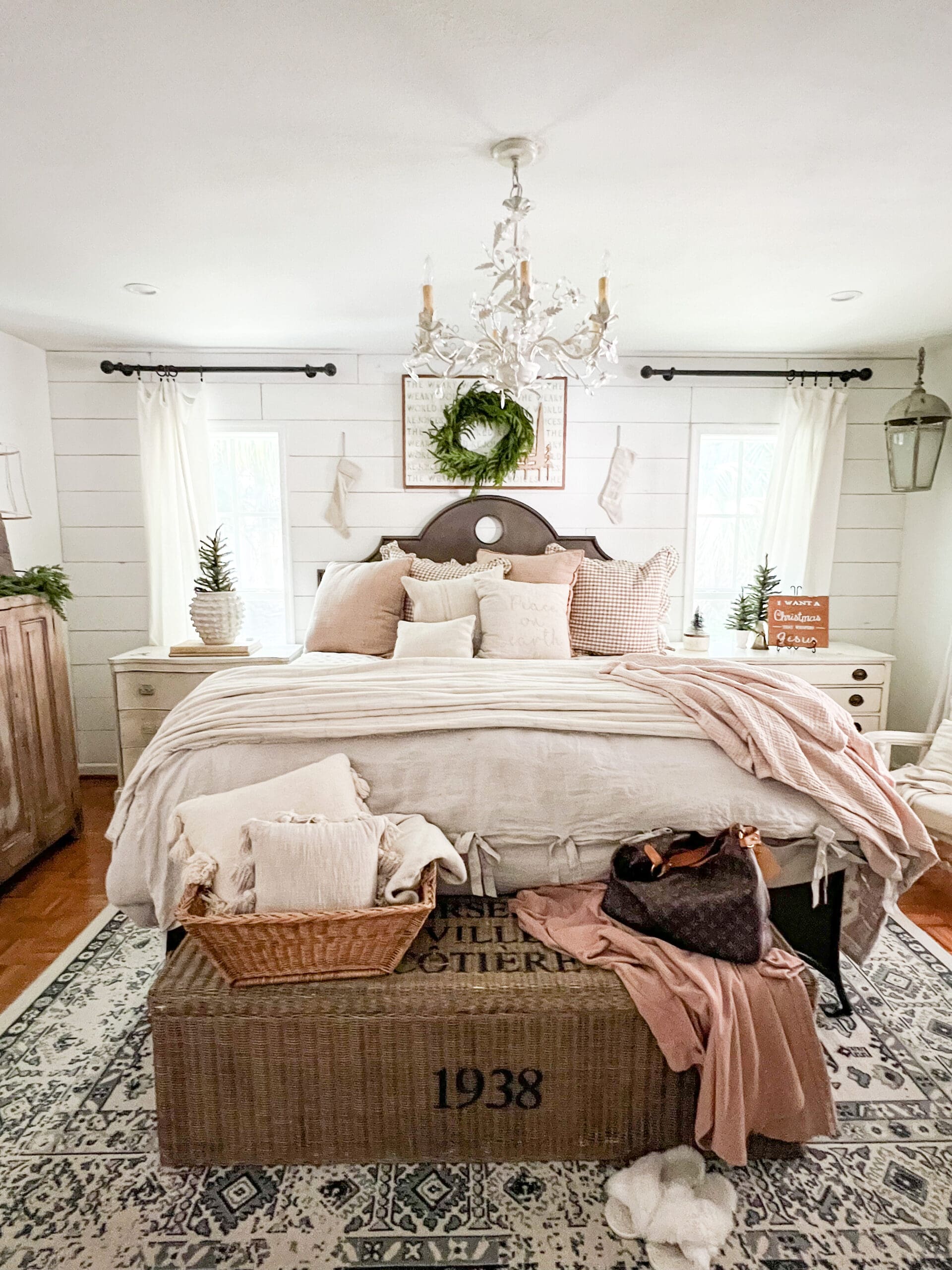 wide angle of a cozy Christmas bedroom