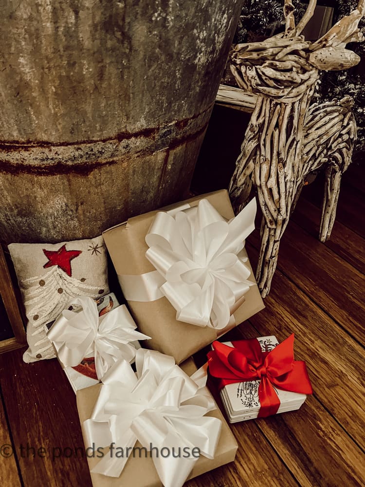 presents wrapped in brown wrapping paper and bright bows
