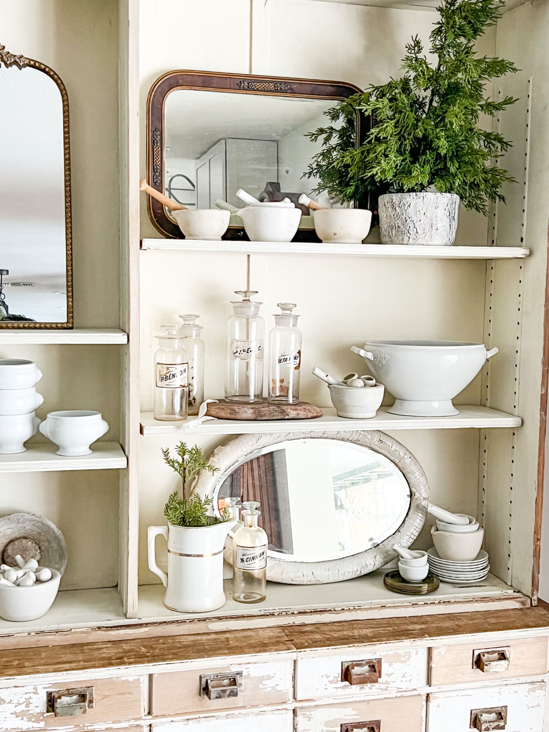view of apothecary styled for neutral winter decor