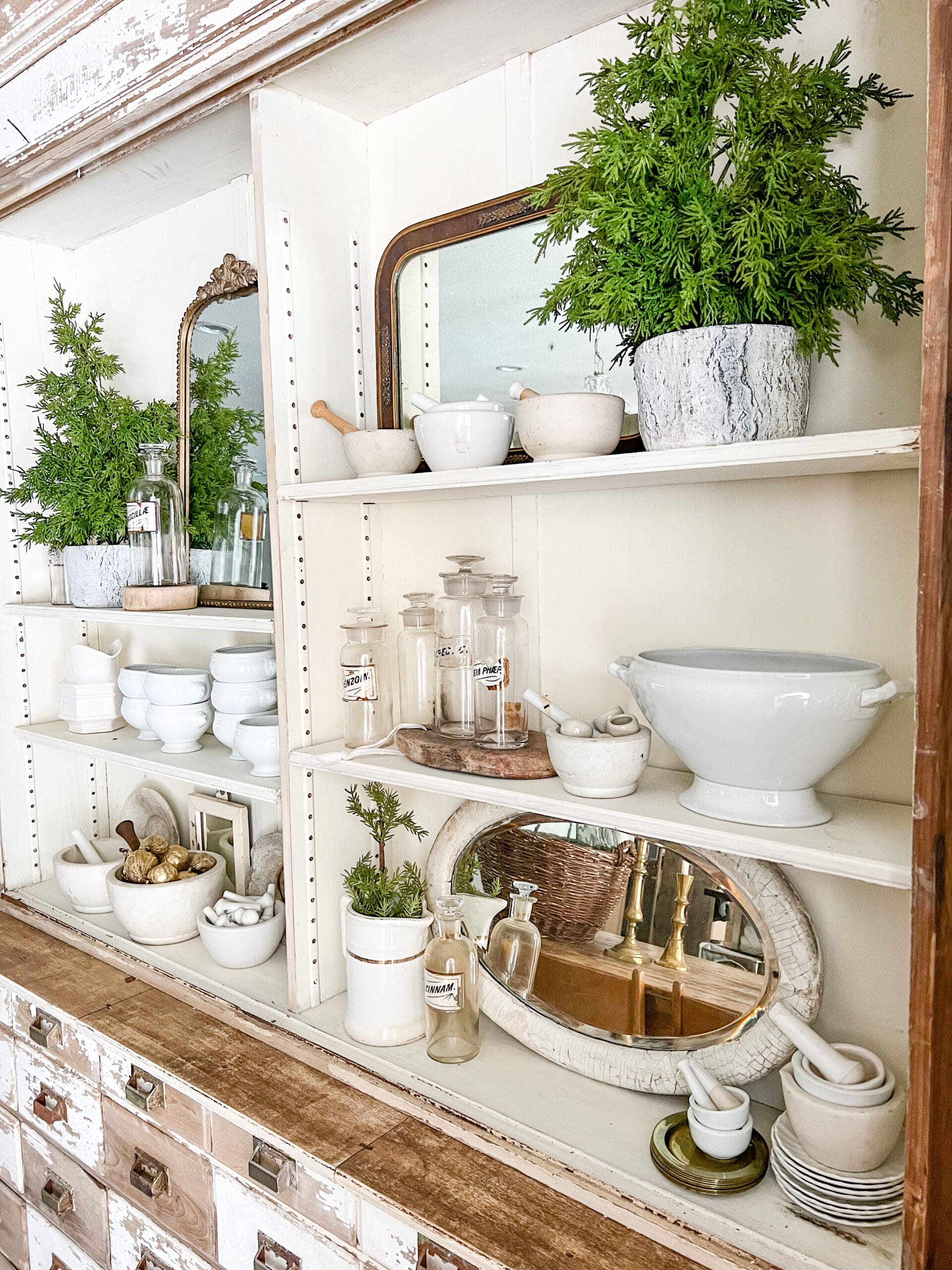side view of winter dining room shelves on a beautiful chippy white apothecary