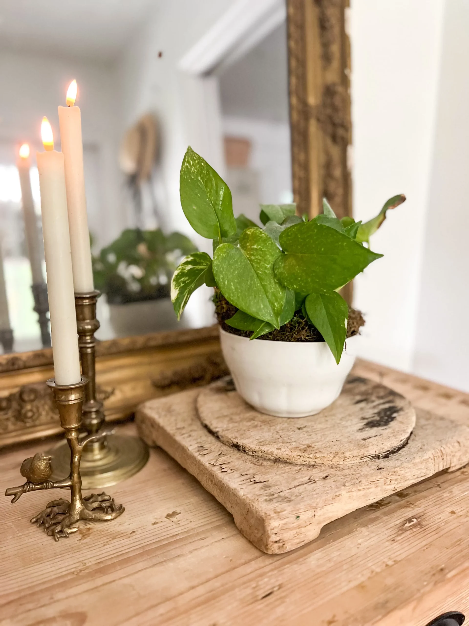 a small pot with a pathos plant inside next to flameless taper candles styled on an entryway console table