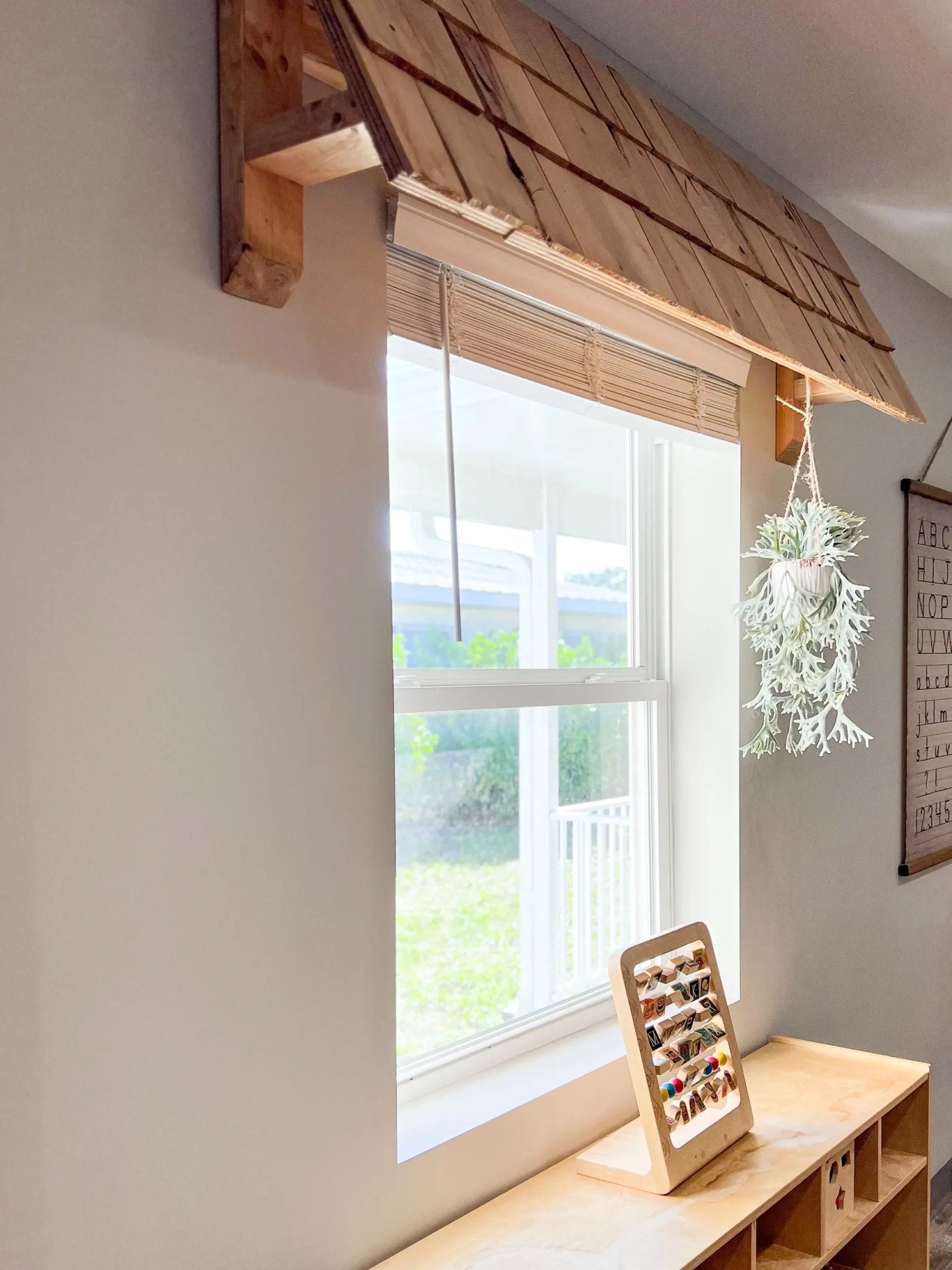 adorable wooden awning over the windows in a neutral classroom