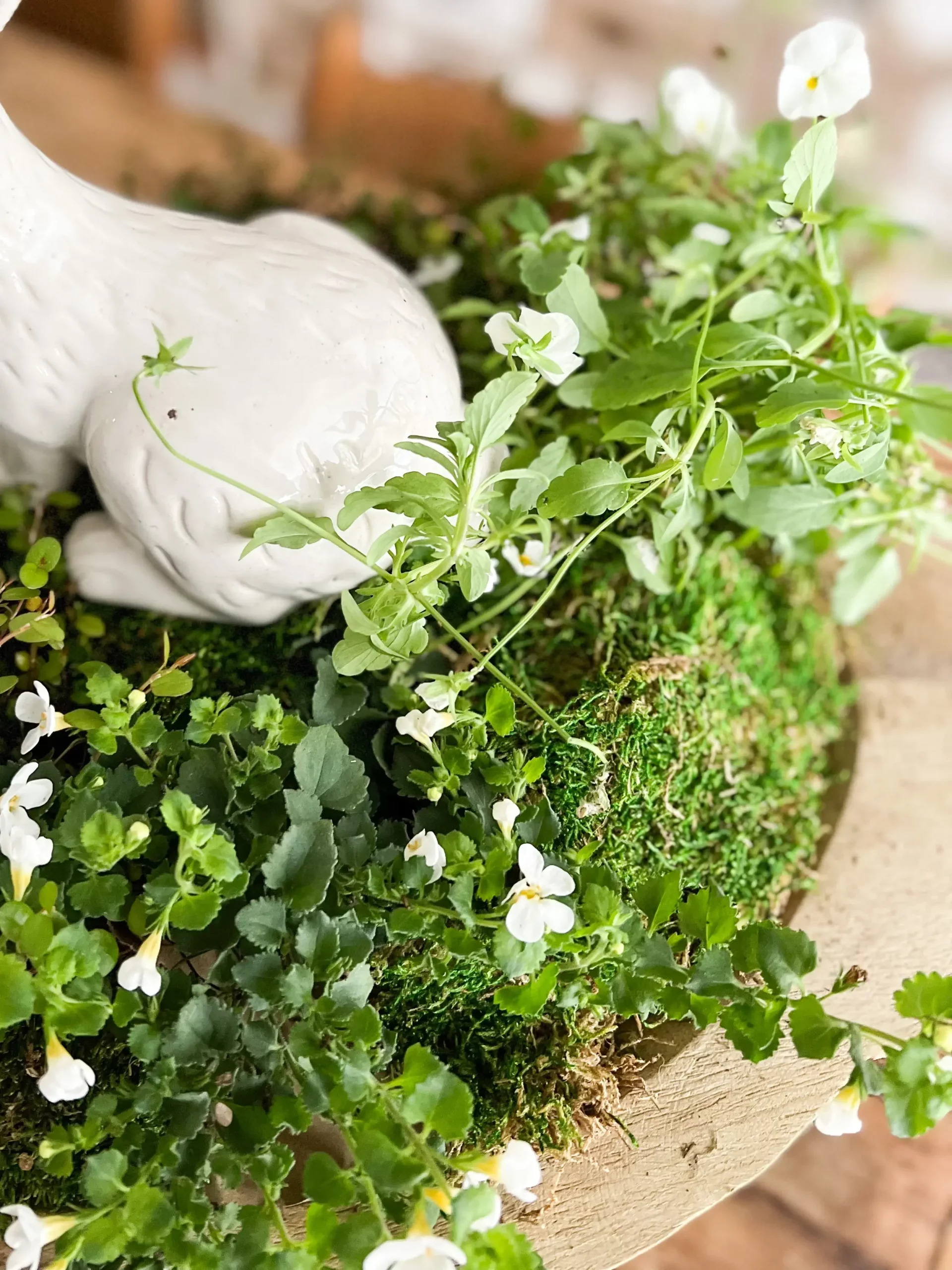 small white flowers, greenery, and moss all in a large wooden bowl with a white bunny