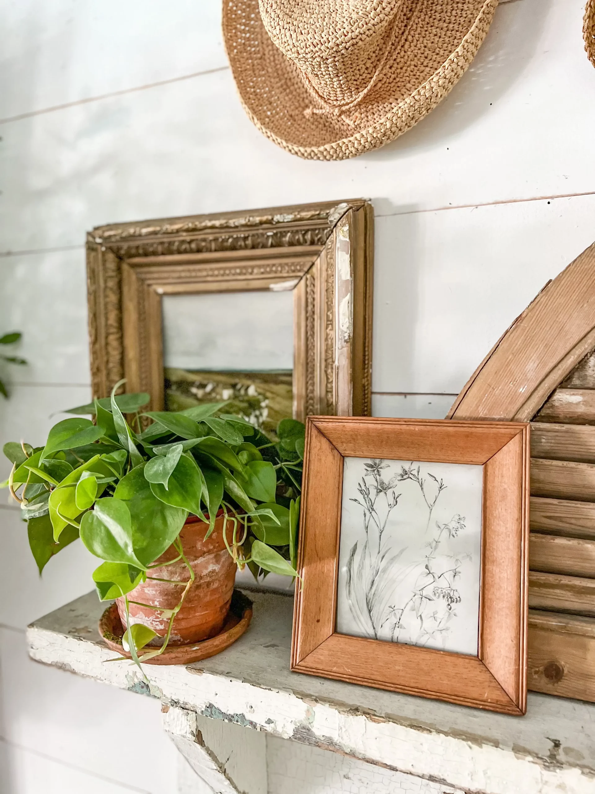 mantel styled with a small plant and gold frames holding spring nature prints