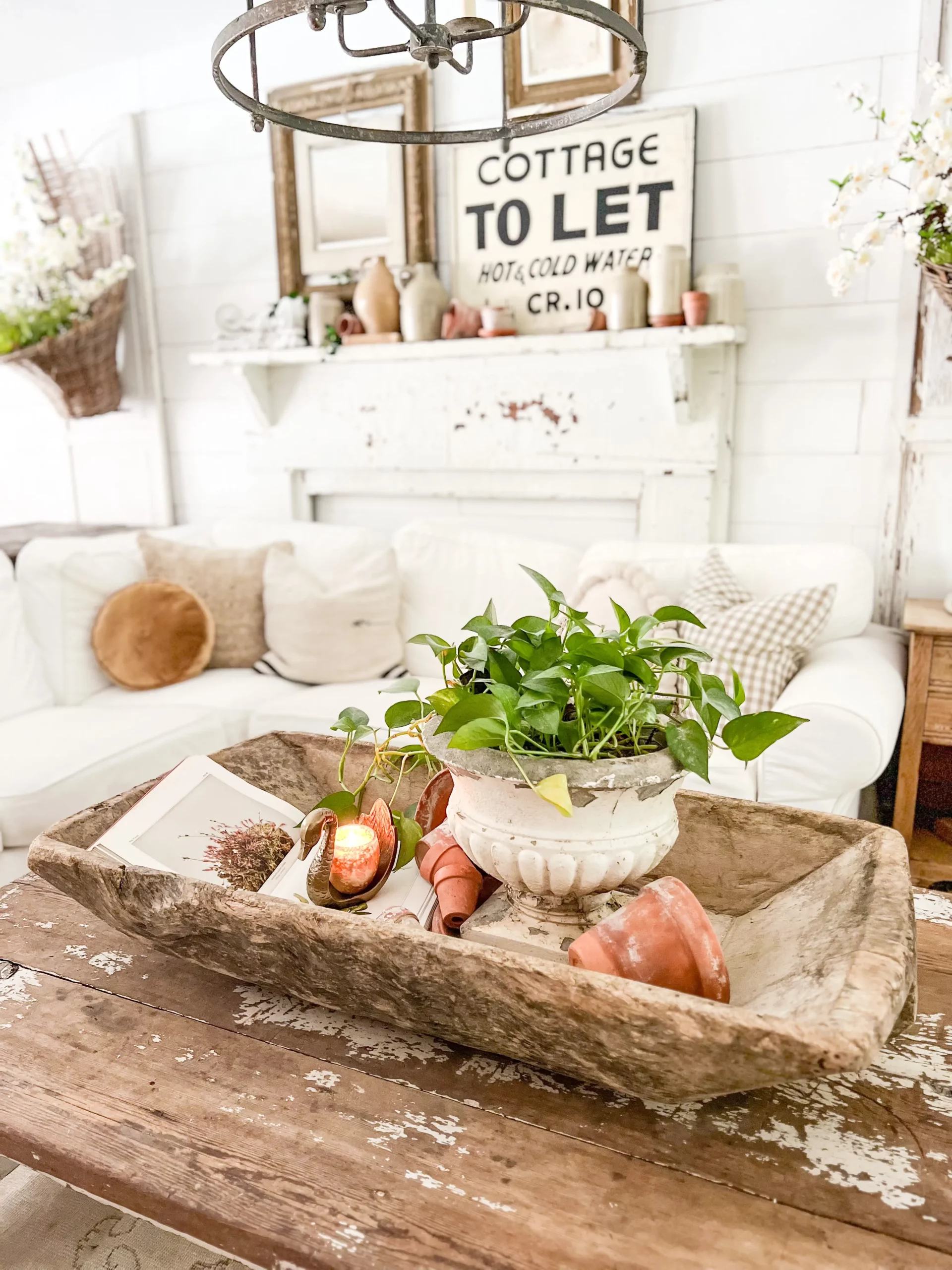 large wooden trough with terra cotta pots and greenery on a coffee table as a centerpiece
