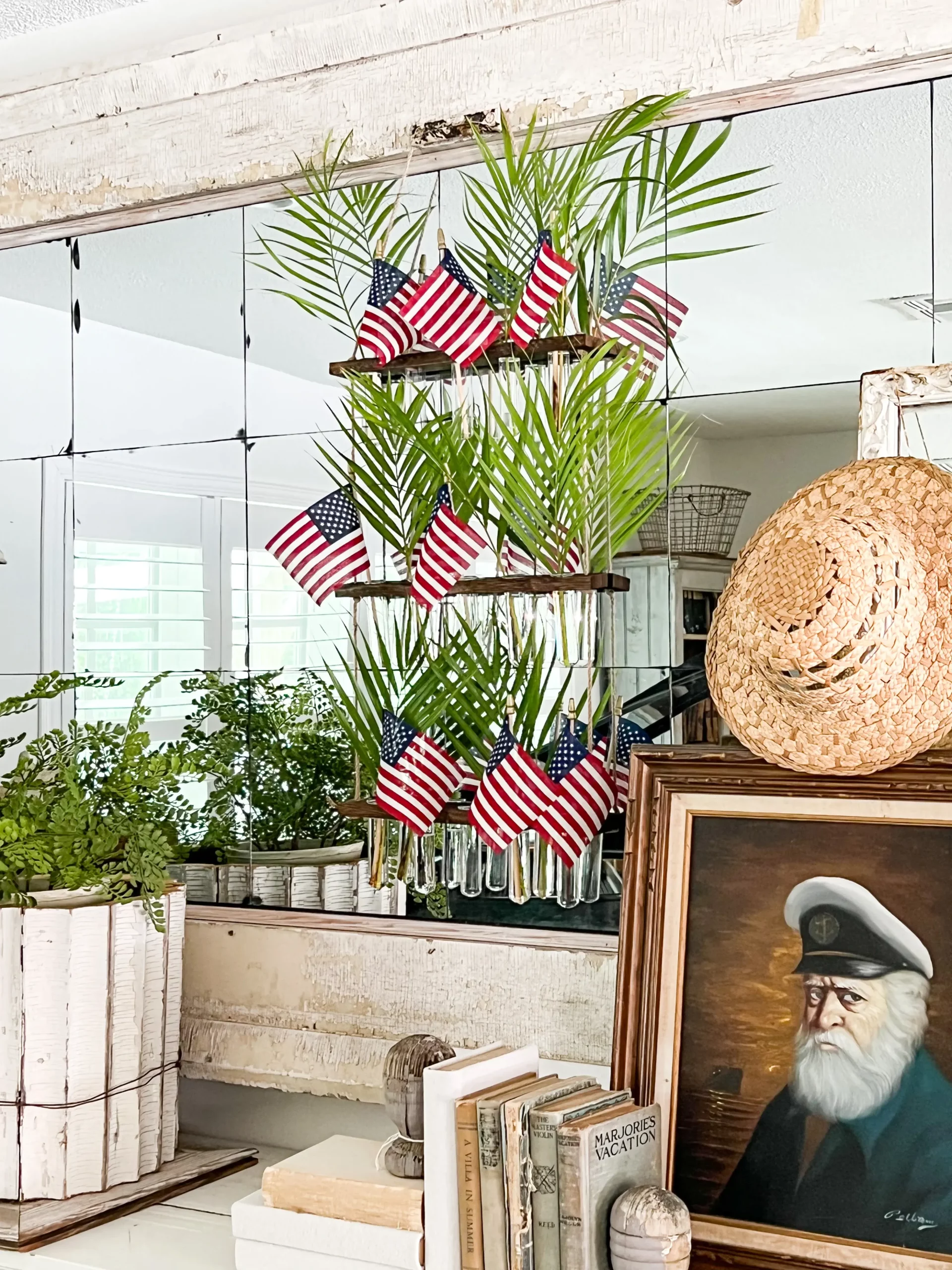 hanging wall vases holding palm fronds and flags for Memorial Day and Fourth of July